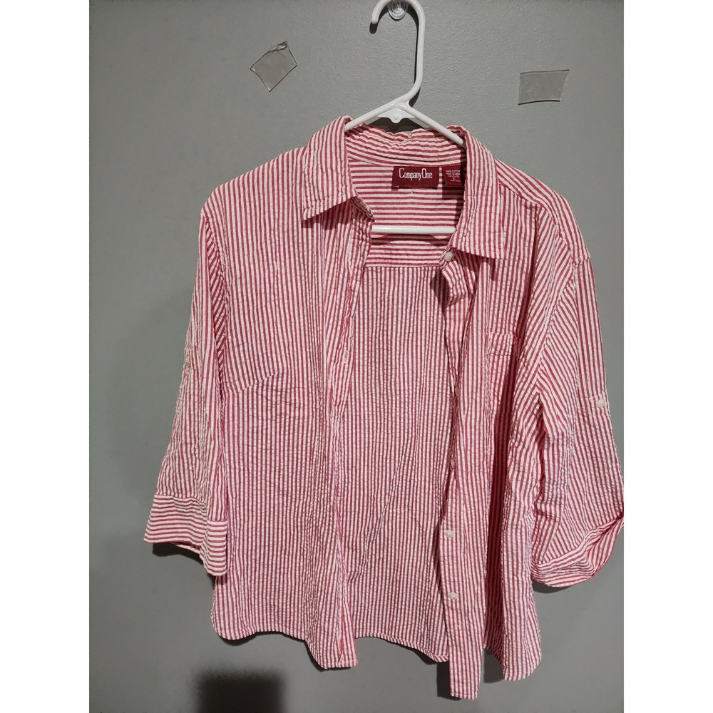 Company One Red White Seersucker Striped Cotton Button Up Shirt XL 3/4 Sleeve